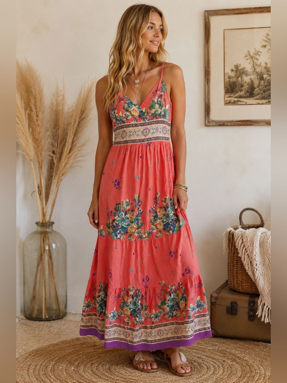 Hallhuber Basics Boho Coral Floral V-Neck Maxi Dress with Spaghetti Straps